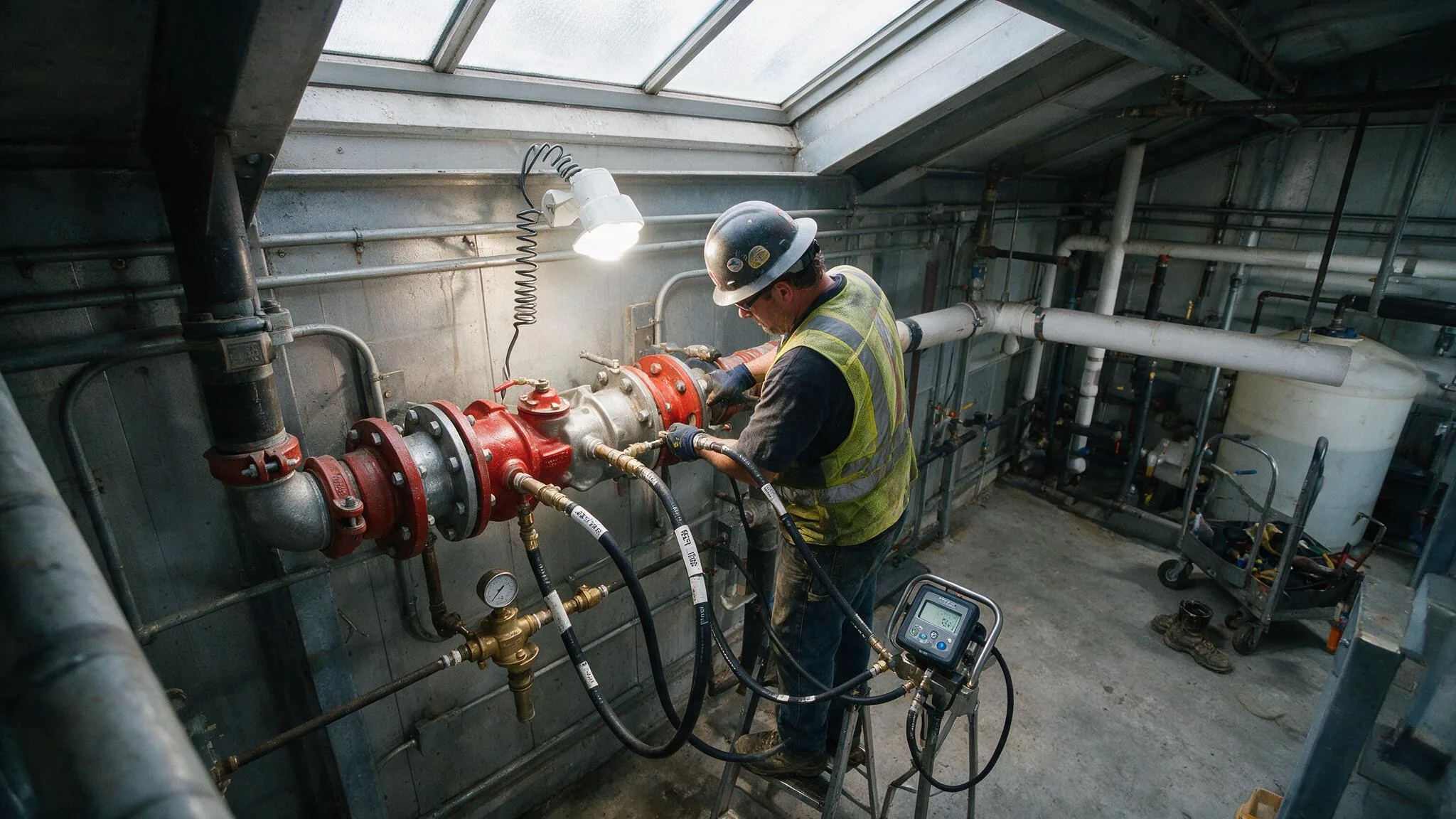 Technician testing a backflow-prevention assembly