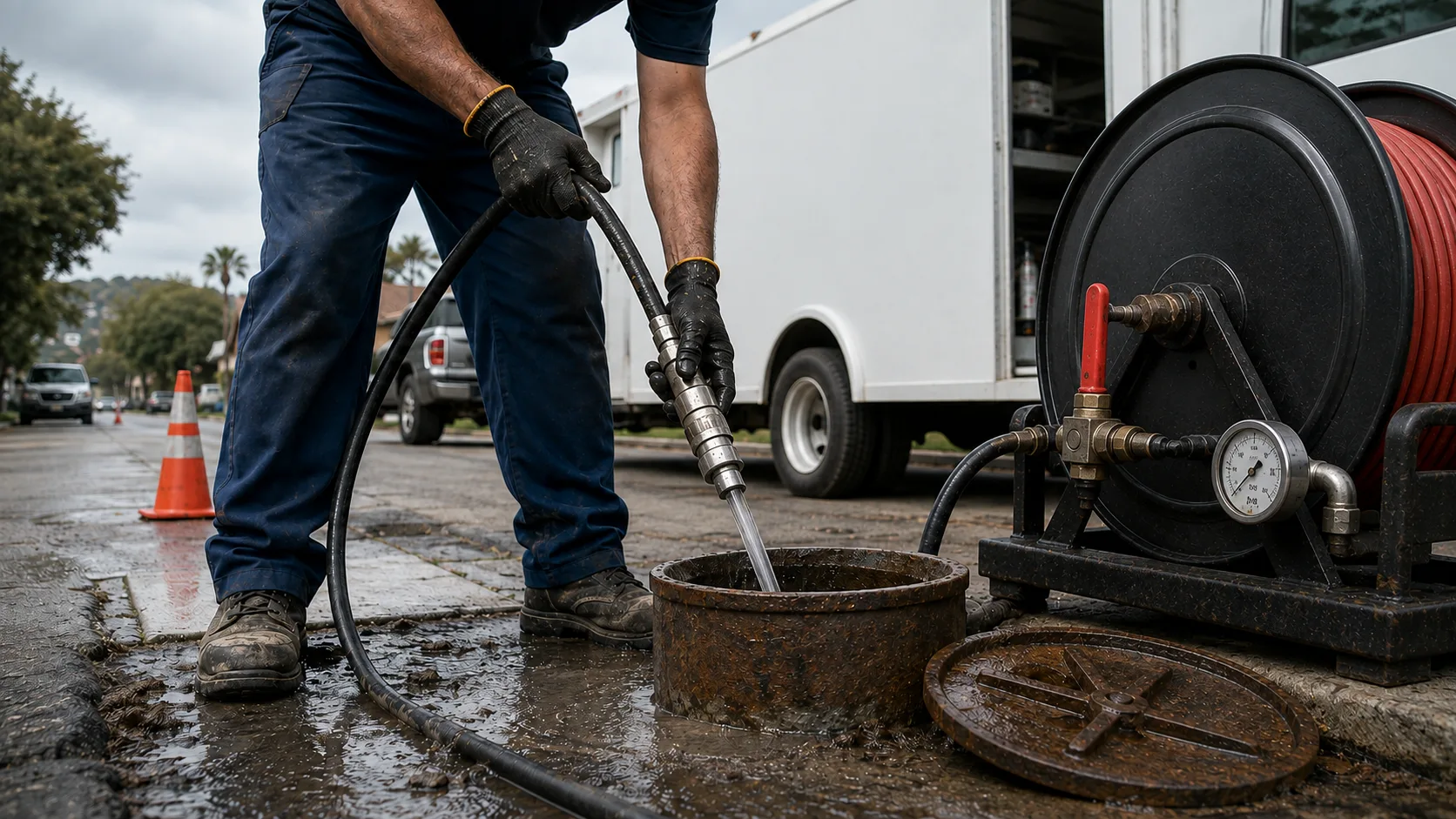 Unbranded jetting equipment clearing a drain