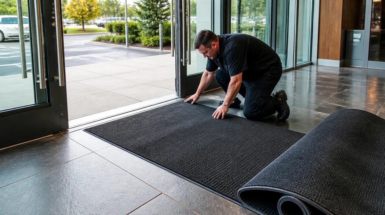 Technician replacing a commercial entrance mat