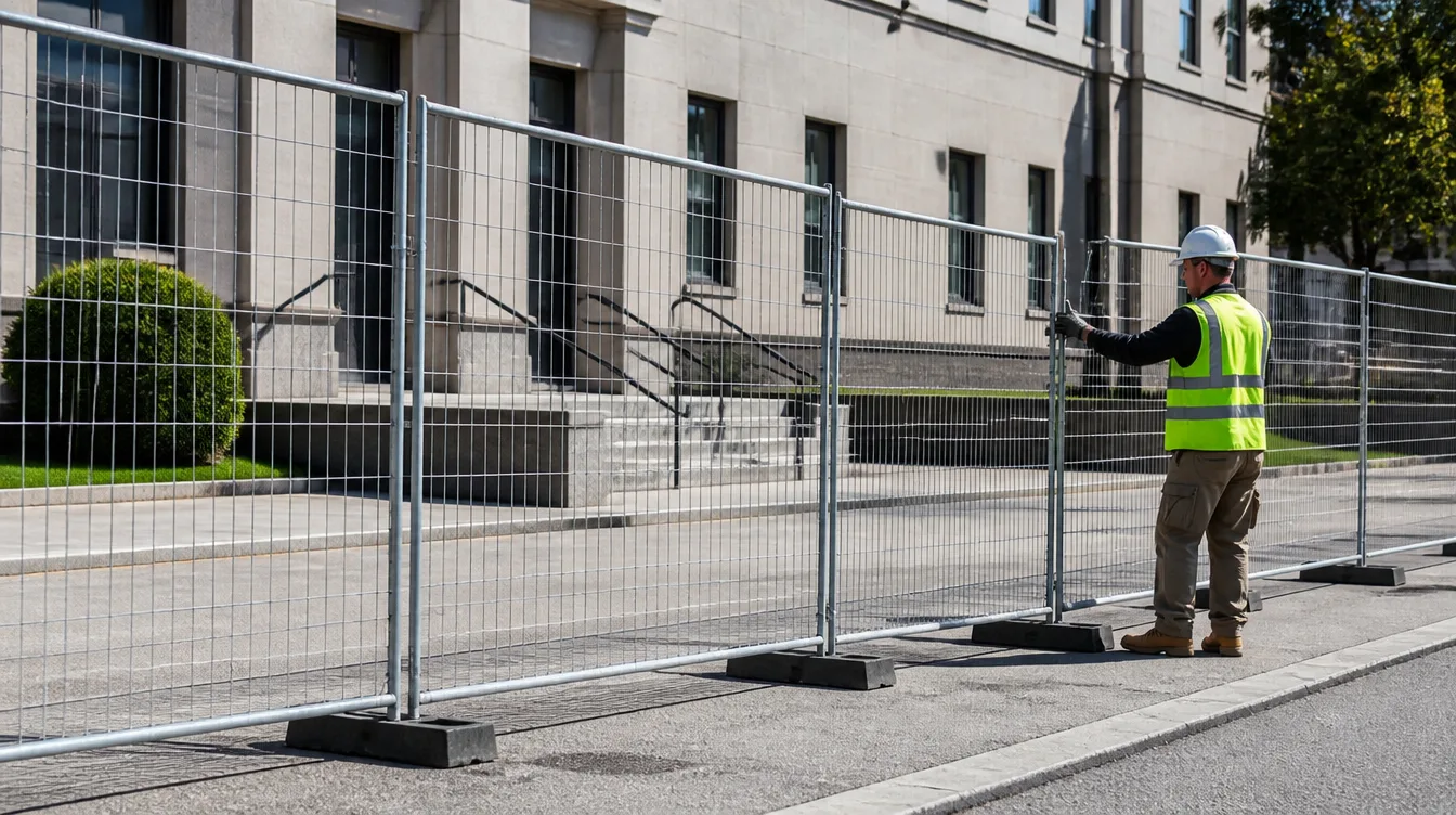 Worker installing temporary commercial fence panels