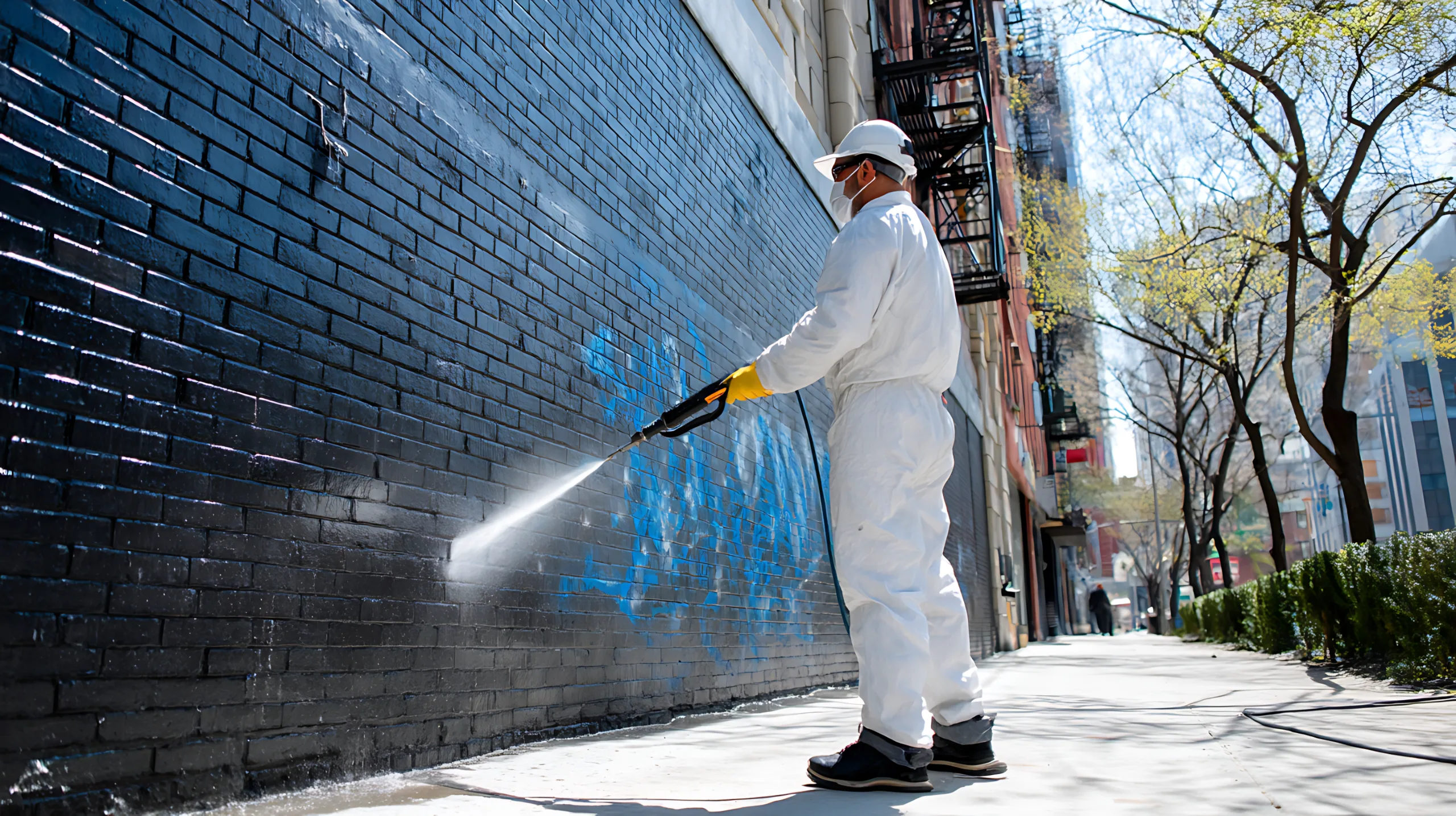 Worker removing graffiti from an exterior wall