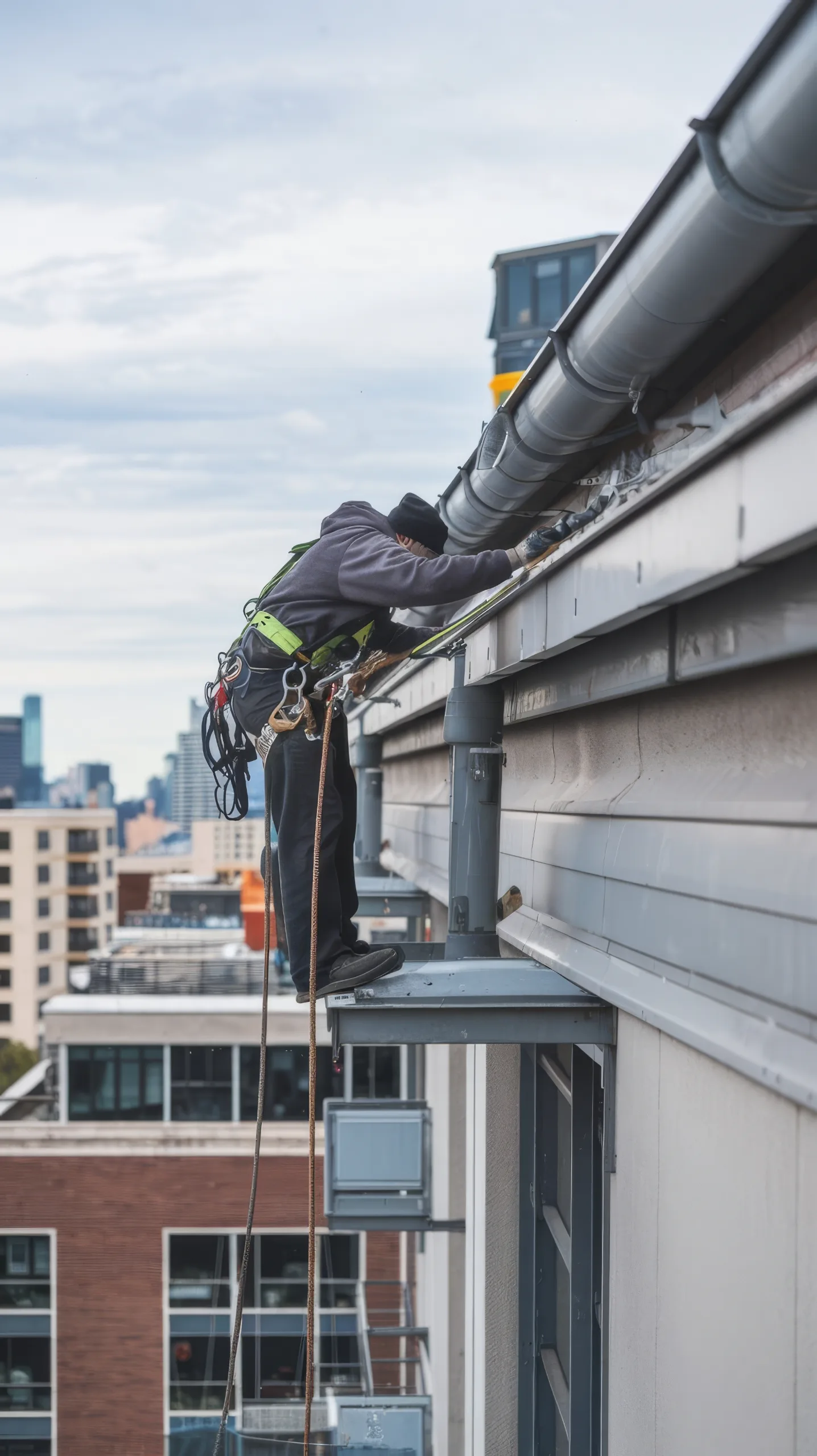 Worker cleaning a building gutter