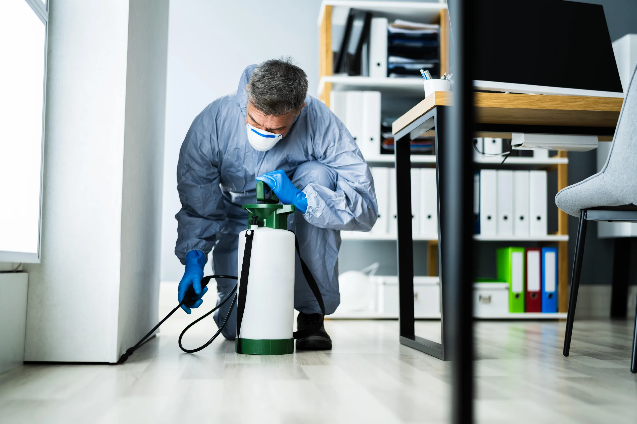 Pest-control technician treating a commercial property