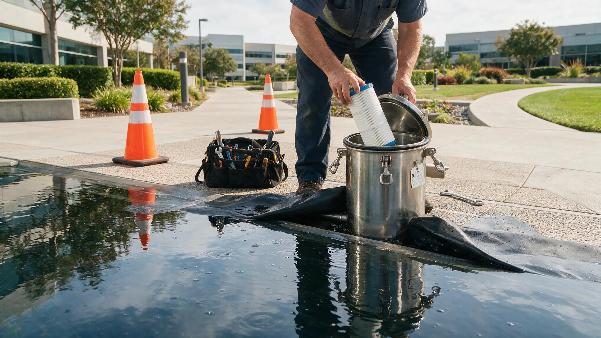 Technician performing swimming-pool maintenance