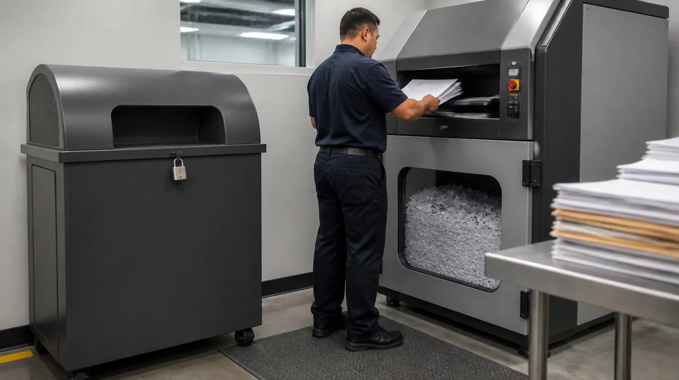 Secure document shredding equipment and locked collection bin